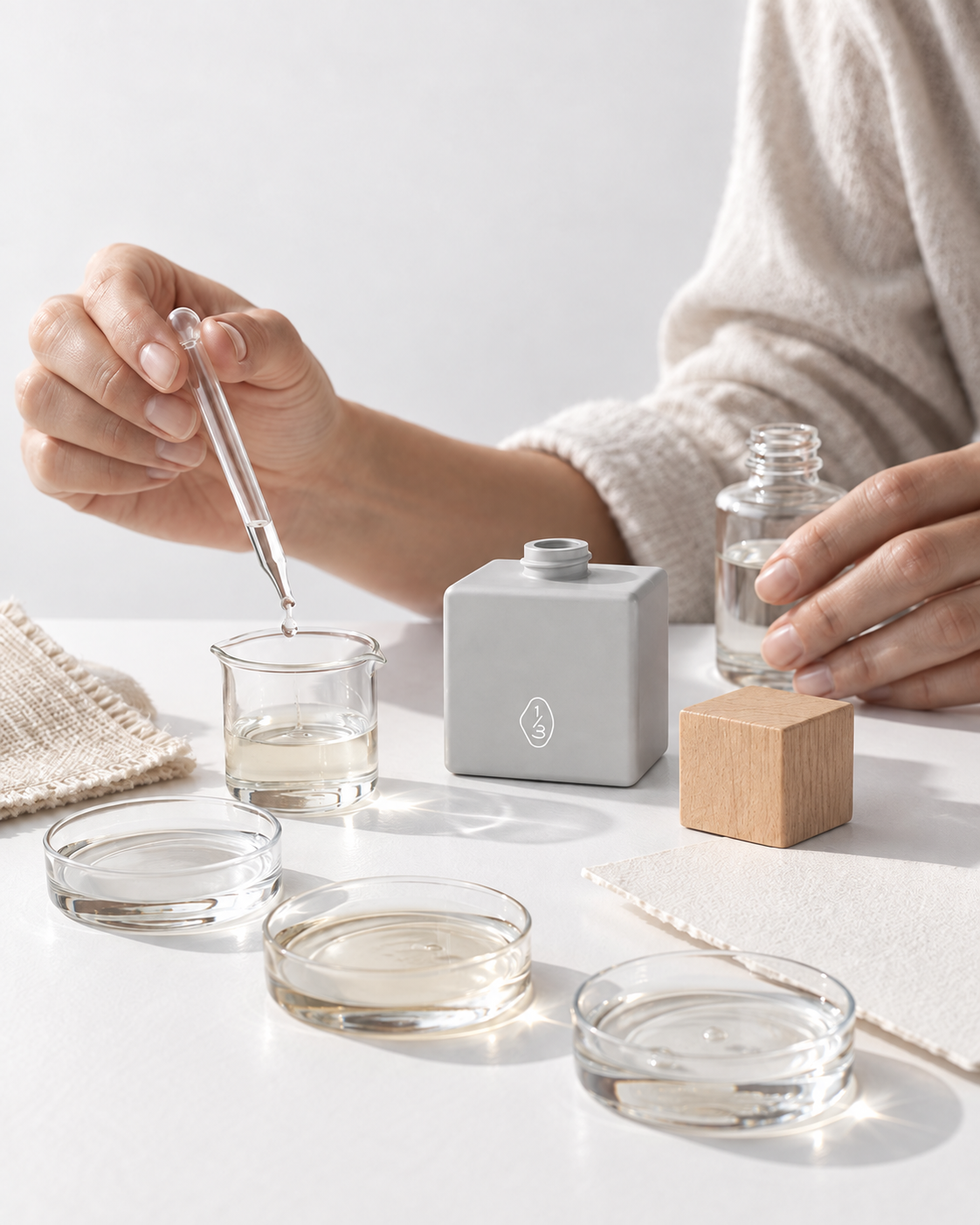 A person's hands are shown using a glass dropper to transfer liquid into a small glass beaker on a white table. The scene includes a gray square container with a white leaf logo, a small wooden cube, a glass bottle, and several shallow glass dishes containing clear liquid, set against a clean white background.